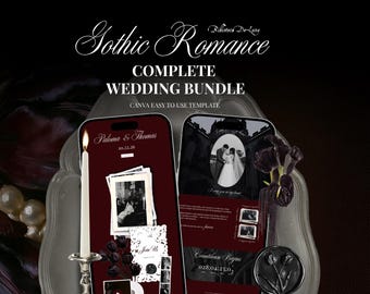 May include: A digital wedding invitation template bundle titled Gothic Romance Complete Wedding Bundle. The design features deep red and black color schemes, including smartphone mockups displaying wedding details, photos, and text.