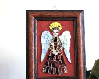 Angel in artistic mosaic to hang. Angel wall art Christmas gift idea.