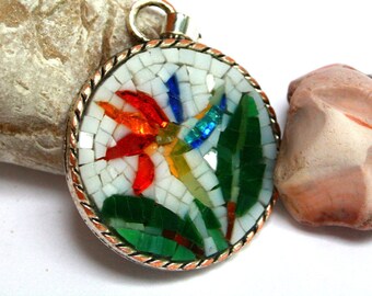 Sterlizia micro mosaic pendant, necklace with medallion and flower in colored glass mosaic, handmade in Italy.