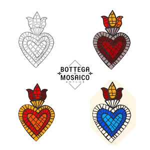 Modello per mosaico con cuore sacro. Numero quattro file da scaricare con schema in bianco e nero e a colori