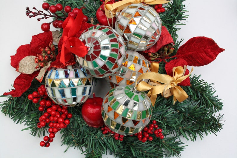 Christmas balls decorated by hand in Italy. Artistic glass mosaic Christmas balls. Christmas ornament in mosaic. image 3
