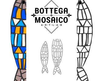 DIY mosaic template with sardines. Number 3 files to download with black and white and color scheme.