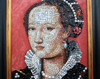 Isabella de Medici portrait in artistic mosaic wall art, handmade in Italy.