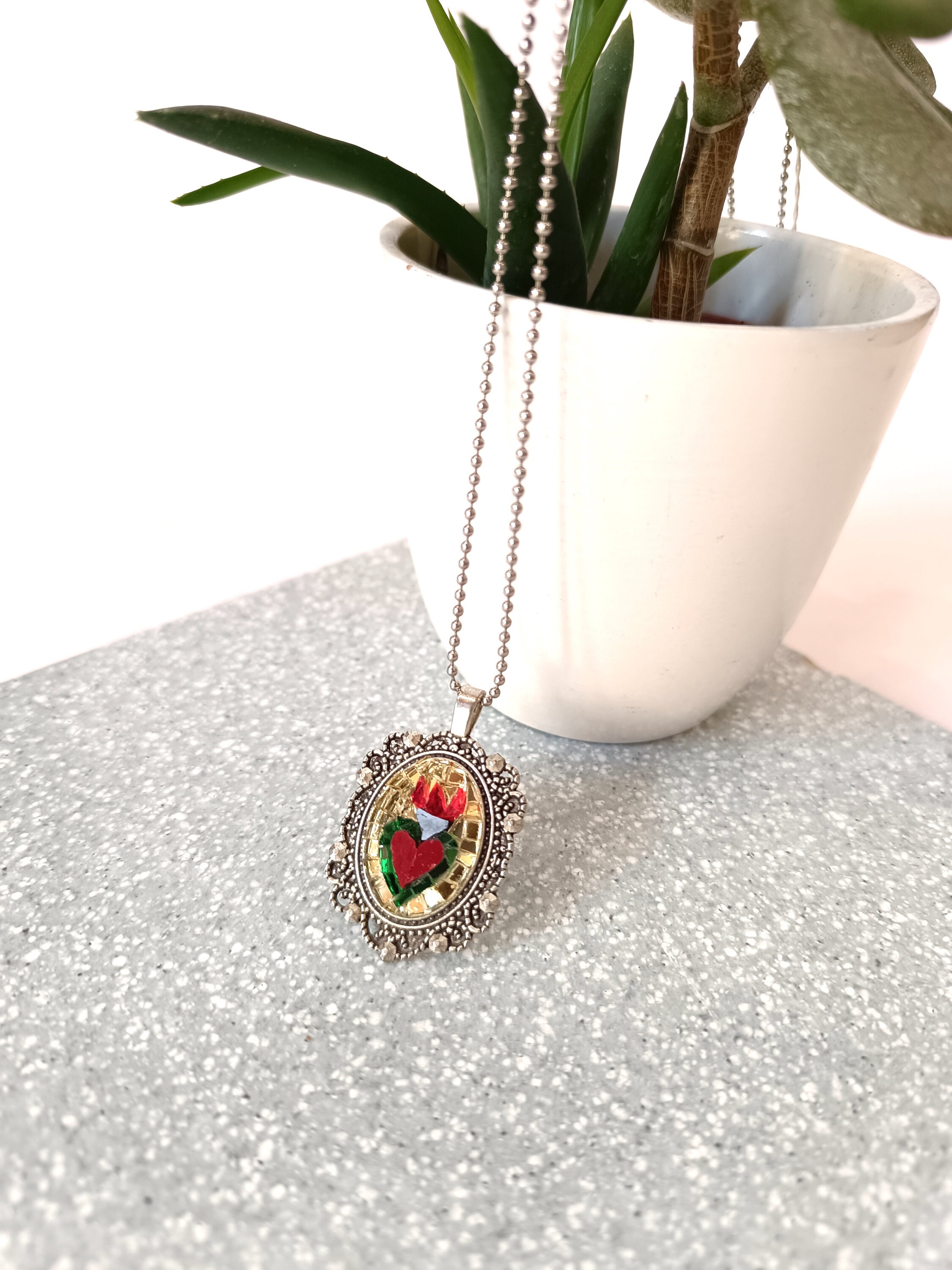 Sacred Heart Necklace in Micro Mosaic Handmade in Italy. Sacred