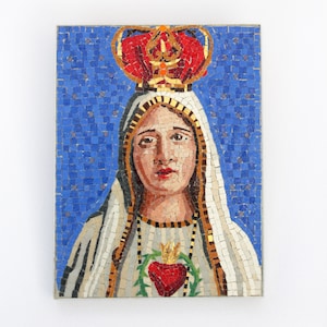 Mosaic of Madonna of Fatima, Venetian enamels and murrine, handmade italian mosaic. Artistic mosaic sacred art&#39;s icon. Mosaic virgin.