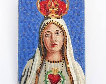 Mosaic of Madonna of Fatima, Venetian enamels and murrine, handmade italian mosaic. Artistic mosaic sacred art's icon. Mosaic virgin.