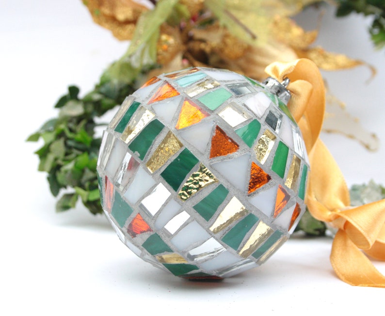 Christmas balls decorated by hand in Italy. Artistic glass mosaic Christmas balls. Christmas ornament in mosaic. image 1