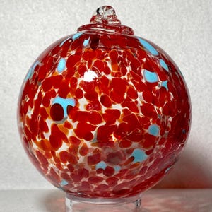 Hand Blown Glass Friendship Ball, Suncatcher, Glass Window Ornament, Gift for Home, Art Glass, Red Light Blue Glass Ball, 3.93&quot; 10.4oz, 66N