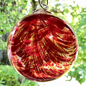 Hand Blown Glass Friendship Ball, Glass Suncatcher, Glass Window Ornament, Gift for Home, Red White Color Glass Ball, 3.94”, 9.1oz, S1-56AN