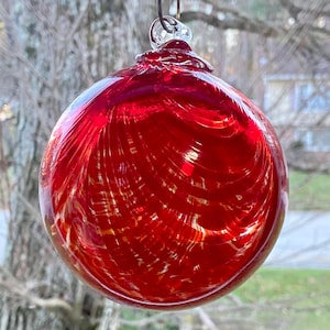 Hand Blown Glass Friendship Ball, Glass Suncatcher, Glass Window Ornament, Gift for Home, Red White Color Glass Ball, 3.95”, 10.6oz, S1-56AJ