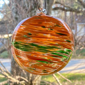 Hand Blown Glass Friendship Ball, Suncatcher, Glass Window Ornament, Art Glass, Gift For Home, Orange Green Glass Ball, 3.91”, 9.4oz, SK48T