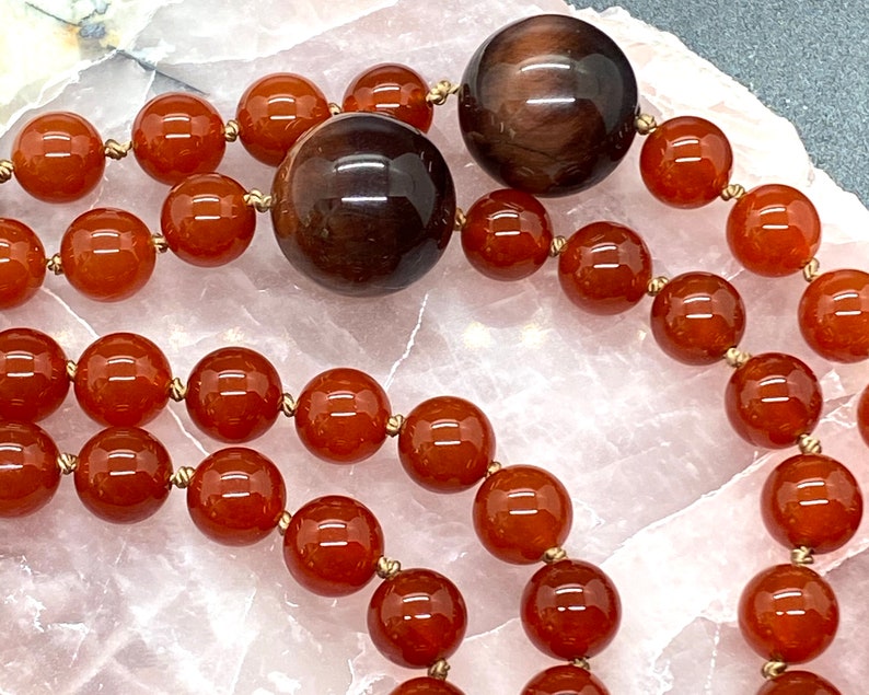 108 Mala Carnelian Picasso Jasper Beads Necklace Hand-Knotted in USA Tiger Eye