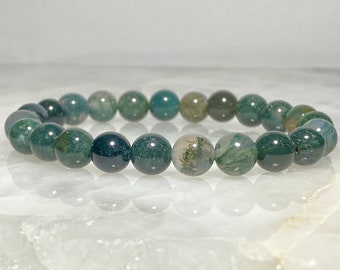 Green Moss Agate Gemstone Bracelet -8mm Gemstones- It fits 6 3/8" wrist. Can customize to your wrist size. Natural Gemstone Stretch Bracelet