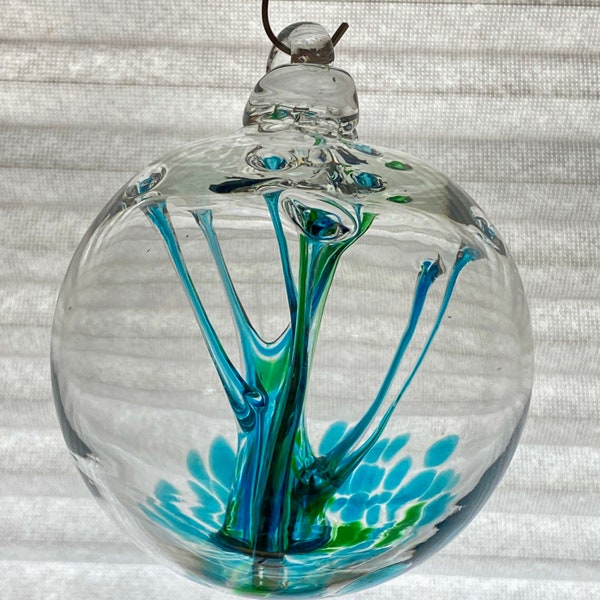 3.93”, 10.2oz, Hand Blown Glass Witch Ball, Suncatcher, Glass Window Ornament, Gift for Home, Friendship, Sea Blue Green Witch Ball, WBS2-3K