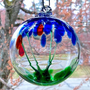 Hand Blown Glass Friendship Ball, Glass Window Ornament, Gift for Home, Royal Blue Green Red Tree Of Life Glass Ball, 3.93&quot;, 8.5oz, S2-16P