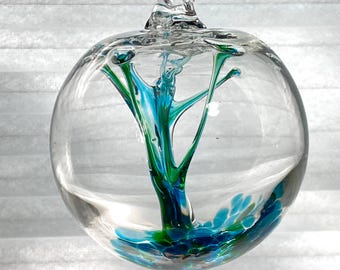 Hand Blown Glass Friendship Ball, Suncatcher, Glass Window Ornament, Gift for Home, Sea Blue Green Tree Of Life Glass Ball, 3.94”, 11.7 oz