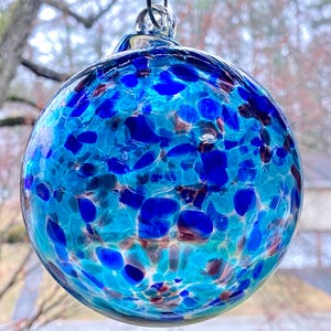 Hand Blown Glass Friendship Ball, Suncatcher, Glass Window Ornament, Gift For Home, Blue Purple Stain Glass-Like Glass Ball, 3.93”, 8.8 oz