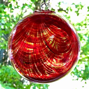 Hand Blown Glass Friendship Ball, Glass Suncatcher, Glass Window Ornament, Gift for Home, Red White Color Glass Ball, 3.94”, 9.6 oz, S1-56AM