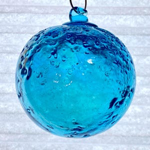 Hand Blown Glass Friendship Ball, Glass Window Ornament, Gift for Home, Pearlescent Sea Blue Glass Ball, Imbedded broken glass on outside