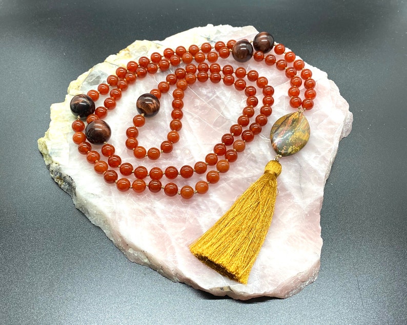 108 Mala Carnelian Picasso Jasper Beads Necklace Hand-Knotted in USA Tiger Eye