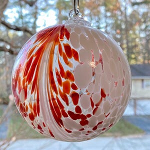 Hand Blown Glass Friendship Ball, Suncatcher, Glass Window Ornament, Gift for Home, Friendship, Red White Glass Ball, 3.93”, 7.4oz, S-142D