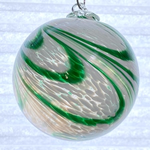 Hand Blown Glass Friendship Ball, Suncatcher, Glass Window Ornament, Gift for Home, Art Glass, Green & White Glass Ball, 3.94”, 9.5oz, 88N