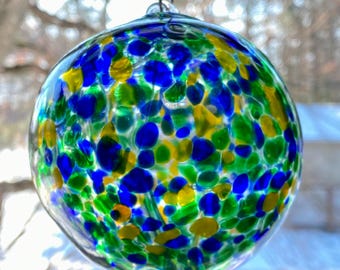 Hand Blown Glass Friendship Ball, Glass Window Ornament, Gift for Home, Blue Yellow Green Tree Of Life Glass Ball, 3.89”, 10.4 oz, SK-96F