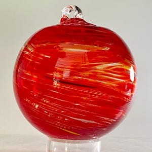 Hand Blown Glass Friendship Ball, Suncatcher, Glass Window Ornament, Art Glass, Gift for Home, Red White Glass Ball, 3.92”, 10.2 oz, S1-145A