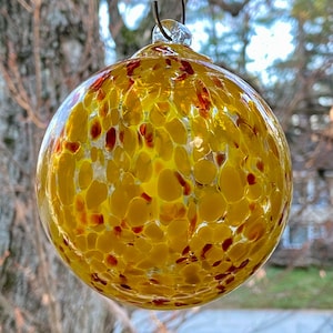 Hand Blown Glass Friendship Ball, Suncatcher, Glass Window Ornament, Hand Crafted, Tree Of Life Yellow Red Glass Ball, 3.89”, 10.5oz,  #110T