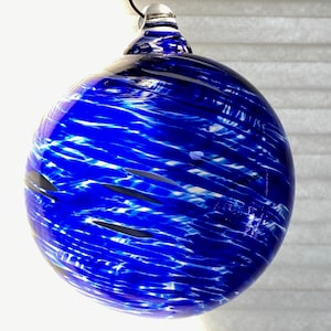 Hand Blown Glass Friendship Ball, Suncatcher, Glass Window Ornament, Gift for Home, Dark Blue White Glass Ball, 3.94”, 9.6 oz, S1-42H