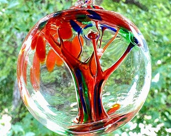 Hand Blown Glass Friendship Ball, Glass Window Ornament, Gift for Home, Orange Blue Green Glass Ball, Tree Of Life Glass Ball, 3.93”, 8.0 oz