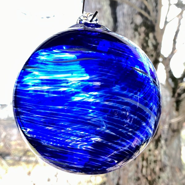 3.93”, 10.1 oz, Hand Blown Glass Witch Ball, Suncatcher, Glass Window Ornament, Gift for Home, Friendship, Dark Blue White Witch Ball, SK42G