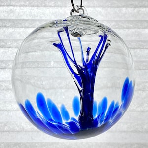 Hand Blown Glass Friendship Ball, Suncatcher, Glass Window Ornament, Gift for Home, Royal Blue Tree Of Life Glass Ball, 3.94”, 7.0oz, S2-2V