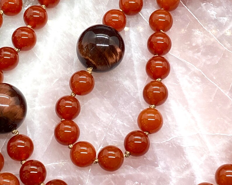 108 Mala Carnelian Picasso Jasper Beads Necklace Hand-Knotted in USA Tiger Eye