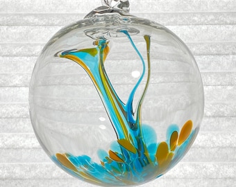 Hand Blown Glass Friendship Ball, Glass Window Ornament, Gift for Home, Sea Blue Green Yellow Tree Of Life Glass Ball, 3.89, 8.0 oz, 2-17AE