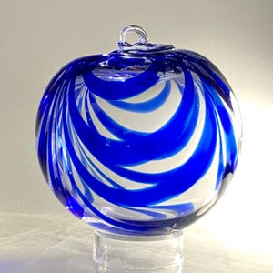 Hand Blown Glass Friendship Ball, Suncatcher, Glass Window Ornament, Gift for Home, Blue Clear Glass Ball, 3.91”, 9.4 oz, S1-137B