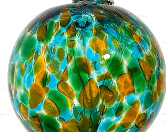 Hand Blown Glass Friendship Ball, Glass Window Ornament, Gift for Home, Friendship, Sea Blue Yellow Tree Of Life Glass Ball, 3.93”, 7.9 oz.