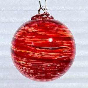 Hand Blown Glass Friendship Ball, Suncatcher, Glass Window Ornament, Art Glass, Gift for Home, Red White Glass Ball, 3.91”, 10.0 oz, S1-145