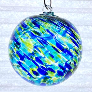 Hand Blown Glass Friendship Ball, Glass Window Ornament, Gift for Home, Blue Sea Blue Greenish Yellow Glass Ball, 3.94”, 7.1 oz, S141L