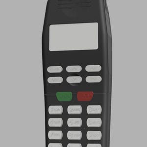 Może przedstawiać: Czarny, zabytkowy telefon komórkowy z prostokątnym ekranem i klawiaturą. Telefon ma długą antenę i białe przyciski. Przycisk "WYŚLIJ" jest zielony, a przycisk "ZAKOŃCZ" jest czerwony.