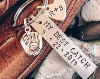 My Best Catch Baseball Keychain, Anniversary gift for Romantic Christmas Stocking Stuffer, Baseball fan, Baseball mitt, Initials