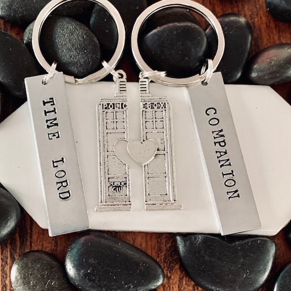 GIFT FOR HIM, Couples Keychain, Dr. Doctor Time Lord Companion Key Chain Handstamped Two Hearts Police Box Sonic Screwdriver