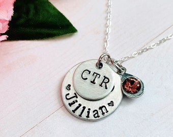 CTR Baptism Gift, Girl&#39;s CTR LDS Mormon Necklace, Choose the Right, Latter-day Saints, Baptism Present, Birthstone, Sterling Silver