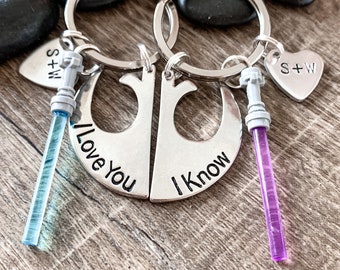 STAR WARS Keychain Set, Gift For Him, I Love You I Know, Rebel Symbol, Personalized Anniversary Gift, Couples Keychains, Lightsaber