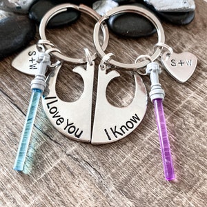 STAR WARS Keychain Set, Gift For Him, I Love You I Know, Rebel Symbol, Personalized Anniversary Gift, Couples Keychains, Lightsaber