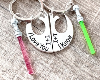 STAR WARS Couples Keychain Set, Nerdy Gift For Him, I Love You I Know, Rebel Symbol, Personalized Anniversary Gift, Lightsaber Keyring