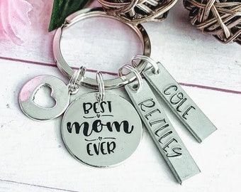 MOTHERS DAY Keychain, Best Mom Ever, Gift for Mom, Personalized Handstamped Custom Kids Child Names