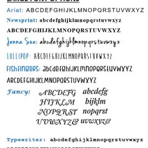 May include: A graphic showing different font options for large text. The fonts include Arial, Newsprint, Jenna Sue, Lollipop, Fishfingers, Fancy, and Typewriter. Each font is shown with both uppercase and lowercase letters.
