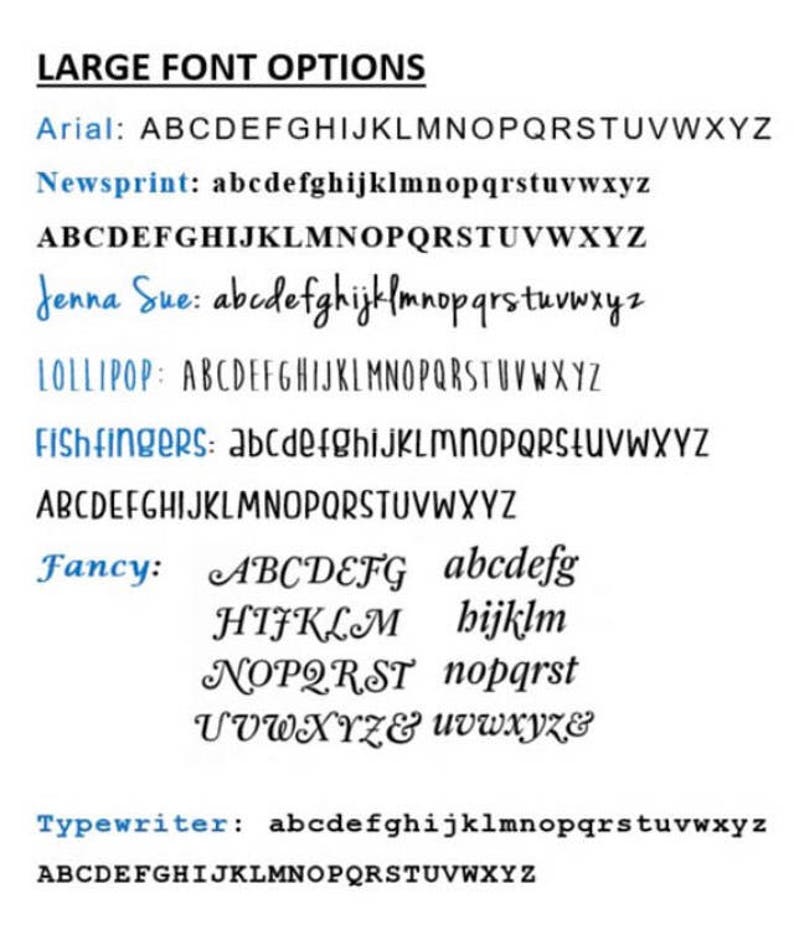 May include: A graphic showing different font options for large text. The fonts include Arial, Newsprint, Jenna Sue, Lollipop, Fishfingers, Fancy, and Typewriter. Each font is shown with both uppercase and lowercase letters.