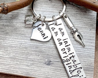 Graduation Hamilton Musical Keychain, Birthday Gift, I am inimitable I am an original lyrics, Aaron Burr, Handstamped, Personalized, Custom